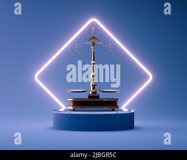 Scale di giustizia in ottone ornato con una base in legno su un palco rotondo blu illuminato da una retroilluminazione quadrata al neon - 3D rendering Foto Stock