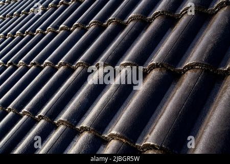 Le tegole di calcestruzzo sono posate sul tetto in file rette, ardesia decorativa per il tetto. Piastrelle marrone scuro colore su nuova costruzione del tetto. Foto Stock