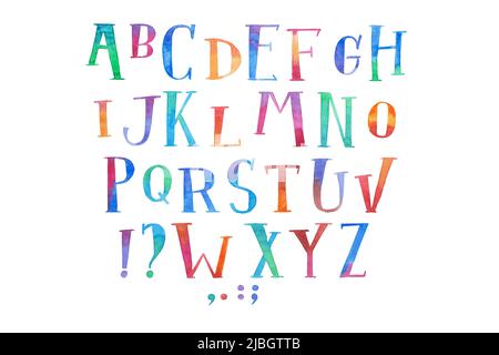 Acquarelle colorate tipo di carattere scritto a mano disegno abc lettere alfabeto. Foto Stock