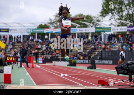 HENGELO, PAESI BASSI - GIUGNO 6: Evelise Veiga del Portogallo durante la FBK Games Long Jump Women allo stadio FBK il 6 giugno 2022 a Hengelo, Paesi Bassi (Foto di Marcel Ter Bals/Orange Pictures) Foto Stock