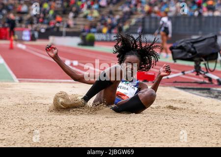 HENGELO, PAESI BASSI - GIUGNO 6: Evelise Veiga del Portogallo durante la FBK Games Long Jump Women allo stadio FBK il 6 giugno 2022 a Hengelo, Paesi Bassi (Foto di Marcel Ter Bals/Orange Pictures) Foto Stock