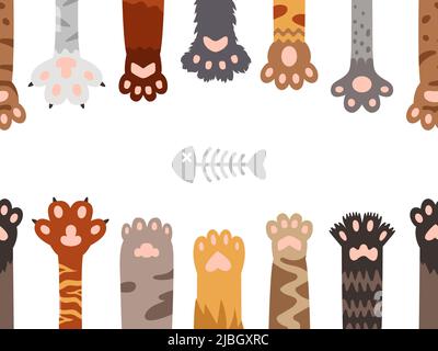 Zampe per animali domestici Animali domestici piede, zampa di tigre di gatto e scheletro di pesce. Animali footprint banner, kitten cani piedi. Cartoon gambe classy vettore senza cuciture pattern, bordo Illustrazione Vettoriale