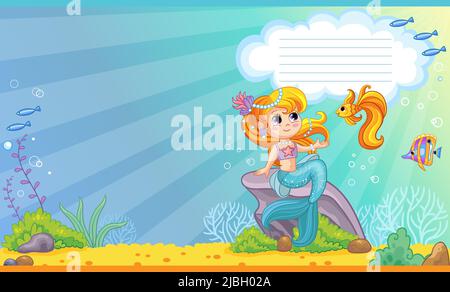 Bella sirena nel mondo subacqueo. Bambini sfondo cartoon. Illustrazione vettoriale. Layout del modello di copertina. Applicabile per notebook, pianificatori Illustrazione Vettoriale