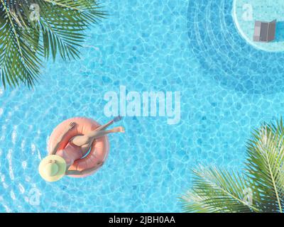 3D rendering della vista dall'alto di anonimo turista femminile in costume da bagno e cappello di paglia rilassante in piscina all'aperto seduta in tubo gonfiabile vicino al lapto Foto Stock