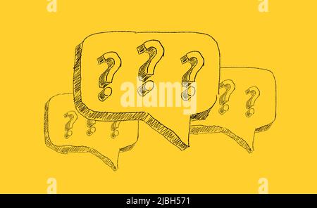 Punti interrogativi disegnati a mano in bolle vocali su sfondo giallo. Chiedi aiuto. Concetto di FAQ. Porre domande. Foto Stock