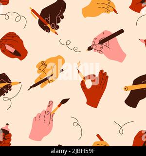 Modello senza cuciture per le mani umane. Bracci maschi colorati con diversi strumenti artistici o per ufficio. Persona che tiene la spazzola e la matita. Punto a sfera o marcatore. Disegno Illustrazione Vettoriale