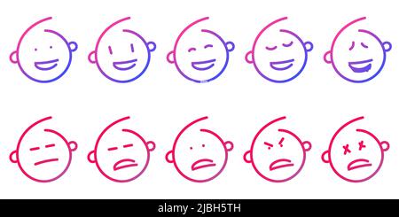 Set di icone facciali delle emoticon di contorno. Linea colorata emoji su sfondo bianco isolato. Illustrazione vettoriale. Illustrazione Vettoriale