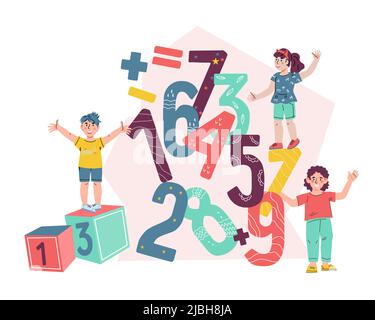 Ragazzi classi di matematica e scuola aritmetica lezione banner, flat vettore isolato su sfondo bianco. Bambini che studiano matematica e giocano a giochi di logica Illustrazione Vettoriale
