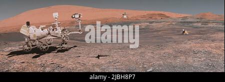 Mars Rover perseveranza sbarcati e Mars lander polare.elementi di questa immagine forniti dalla NASA. 3D rendering. Foto Stock