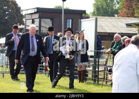 Giudica con il trofeo dei vincitori al campionato di pecore inter-razza che è stato vinto da un Texel al Suffolk Show a Trinity Park, Ipswich. Foto Stock