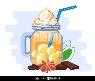 Cocktail Halloween all'arancia zucca con panna montata Freakshake per le feste drink succo di zucca o frullato cibo e bevande isolato per menu o. Illustrazione Vettoriale