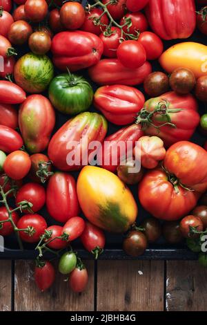 Pomodori di casa su un tavolo di legno. Varietà di pomodori in un mucchio. Foto Stock