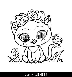 Carino gattino con una farfalla. Disegno lineare in bianco e nero. Vettore Illustrazione Vettoriale