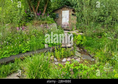 Un nascondiglio, passerella in legno e un ruscello circondati da fiori e alberi in Un Rewilding Britain Garden progettato da Lulu Urquart e Adam Hunt. Foto Stock