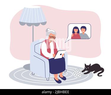 Nonna felice con laptop chiama nipoti carino vecchia donna che lavora sul computer a casa formazione online Corsi di Web tecnologie moderne e vecchie Illustrazione Vettoriale