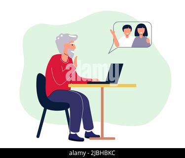 Buon nonno con il laptop chiama i nipoti Cute vecchi uomini che lavorano sul computer a casa formazione online Corsi di Web tecnologie moderne e vecchia ag Illustrazione Vettoriale