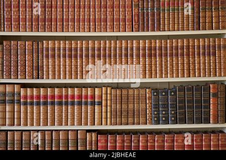 Scaffali riempiti di vecchi libri rilegati in pelle Foto Stock