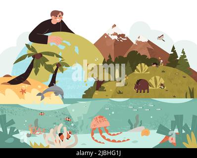 La biodiversità piatta, l'ecosistema terrestre e la diversità della vita del pianeta. Ecologista proteggere la flora e la fauna. Persona salvo di tipi di habitat di animali selvatici, uccelli, pesci dell'oceano, alberi tropicali e foresta. Illustrazione Vettoriale