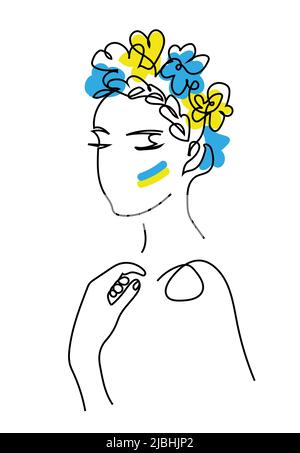 Ucraina donna linea disegno d'arte con fiore corona e bandiera ucraina su una guancia. Moderna illustrazione vettoriale a linea continua della testa della donna con Illustrazione Vettoriale