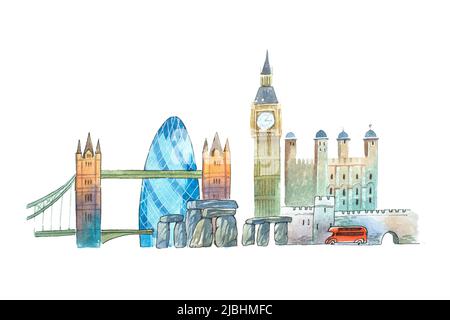 Città di Londra Skyline famosi luoghi di interesse turistico e viaggi waercolor illustrazione Foto Stock