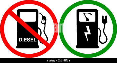 Benzina diesel proibita ma e auto, auto elettrica permesso segnaletica stradale Illustrazione Vettoriale