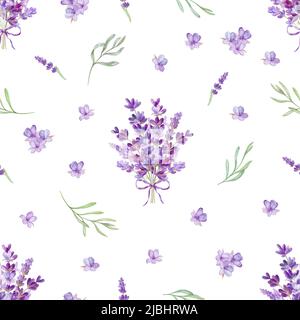 Disegno senza giunture, fiori e foglie di lavanda lilla, raccolti in un bouquet, illustrazione acquerello Foto Stock