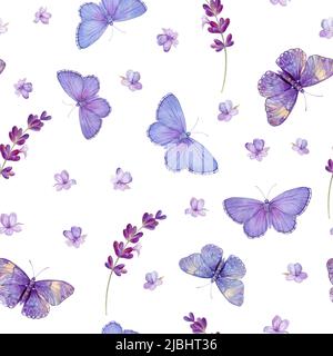 Modello con farfalle e lavanda, acquerello illustrazione Foto Stock