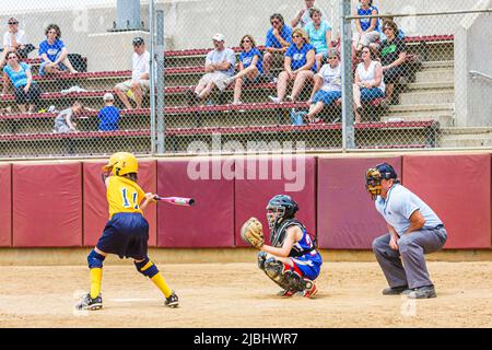 Salem Virginia,Moyer Sports Complex,baseball ragazze softball gioco giocatori umpire paster catcher tifosi guardare Foto Stock