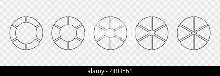 Set di diagrammi di ciambella di contorno segmentati su 6 parti uguali. Ruote infografiche divise in sei sezioni. Diagrammi circolari o barre di caricamento isolate su sfondo trasparente. Illustrazione grafica vettoriale Illustrazione Vettoriale