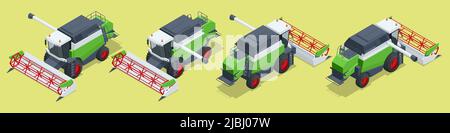 Mietitrebbia verde isometrica isolata su bianco. La mietitrebbia miete il grano maturo. Concetto di agricoltura. Raccolta, trebbiatura, raccolta e. Illustrazione Vettoriale
