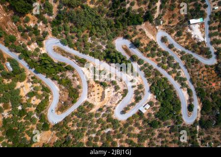 Vista aerea della strada tortuosa nella splendida foresta verde all'alba Foto Stock