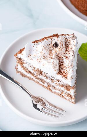 Perfetta torta di tiramisù fatta in casa cosparsa di polvere di cacao Foto Stock