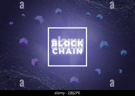 Illustrazione di rete Blockchain con testo in frame e blocchi intorno. Thread di rete in background Foto Stock