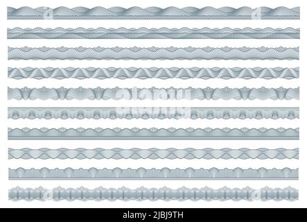 Confini di guilloche, denaro bancario, diploma e certificato di sicurezza cornici, vettore modello, banconote valuta margini guilloche per il buono bancario o sigilli di sicurezza di denaro con filigrana linea ornamento Illustrazione Vettoriale