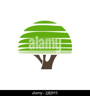 Icona verde dell'albero del giardino. Ambiente, ecologia e botanica simbolo vettoriale, natura pittogramma minimalista o simbolo geometrico. Parco o albero forestale con corona circolare verde e rami Illustrazione Vettoriale
