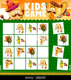 Fumetto divertente cibo messicano personaggi, sudoku gioco per bambini. Cavolo vettoriale con personaggi di tacos, pepe, avocado e chimichanga con strumenti a scacchiera. Compito educativo, gioco di tavolo per bambini Illustrazione Vettoriale