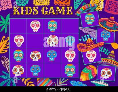 Sudoku gioco per bambini con teschio messicano di calavera zucchero, foglio di lavoro di enigmi vettoriali. Sudoku puzzle o foglio di lavoro gioco da tavolo con teschio messicano in sombrero e papel picado, fiesta decorazione bandiere Illustrazione Vettoriale