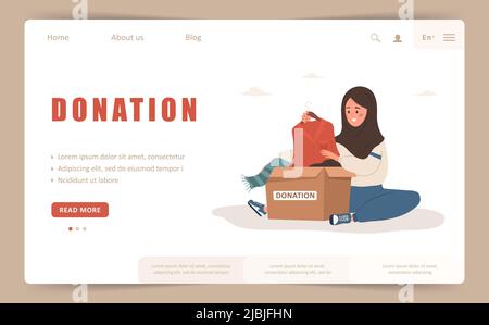 Modello di landing page della donazione. Donna araba mettendo vecchi vestiti usati pronti per essere condivisi o riciclati in scatola di cartone. Volontariato e assistenza sociale Illustrazione Vettoriale