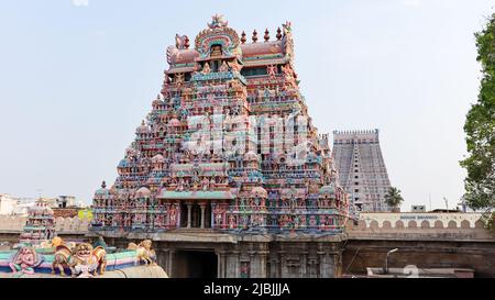 Gopuram meridionale del Tempio di Sri Ranganathaswamy, Srirangam, Trichy, Tamil Nadu, India Foto Stock