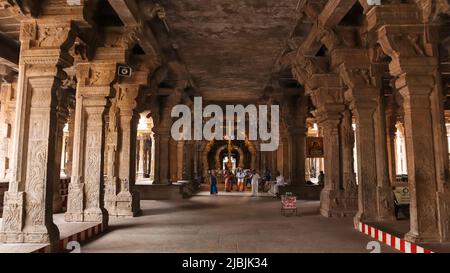 Colonne scolpite e visitatori al tempio di Sri Ranganathaswamy, Srirangam, Trichy, Tamil Nadu, India Foto Stock