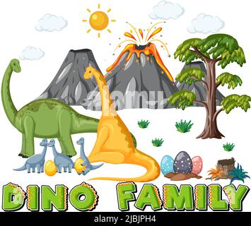 Famiglia di dinosauri con illustrazione di oggetti di foresta Illustrazione Vettoriale