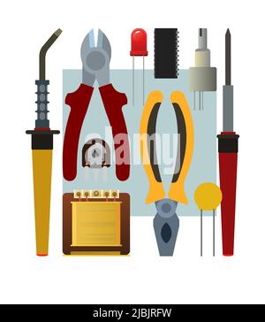 Attrezzi per elettricista. Riparazione di apparecchiature radio elettroniche e a microprocessore. Componenti di ricambio e assistenza. Isolato su sfondo bianco Illustrazione Vettoriale