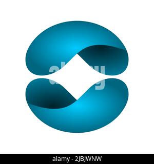 Modello con logo a sfera blu lucido. Simbolo ondulato d'acqua moderno. Due metà lucide di un globo. Elemento di design a volume arrotondato. Due emisferi goccia acqua Illustrazione Vettoriale