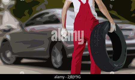 meccanico maschile che tiene una chiave e una ruota, personaggio cartoon, pneumatico auto, illustrazione di manutenzione pneumatici Foto Stock