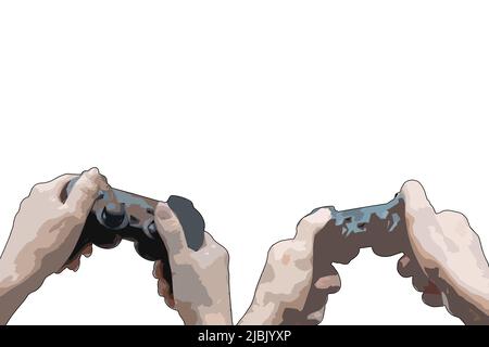 illustrazione di un joystick di gioco nelle loro mani. Giocatore che tiene un gamepad. Foto Stock
