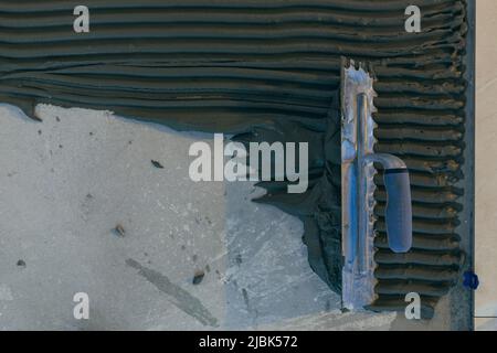 Primo piano delle mani di un maestro costruttore con una cazzuola intagliata, mettendo una miscela di piastrelle adesive, esegue l'installazione di piastrelle in ceramica Foto Stock