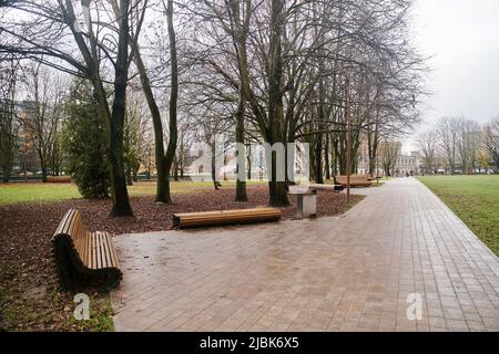 Parco pubblico nel centro della città. Moderne panchine di legno accanto al passaggio pedonale Foto Stock