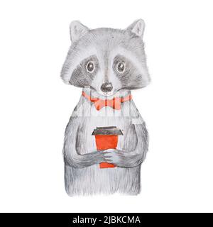 Carino raccoon grigio con cravatta rossa che tiene una tazza di caffè da asporto con entrambe le mani disegnate a mano. Foto Stock