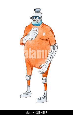 Illustrazione di acquerello di cyborg cartoon o robot umanoide indossando uniforme tuta arancione prigione. Foto Stock