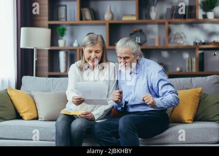 Membro della famiglia di capelli grigi anziani che riceve la lettera o il documento che gioisce seduto a casa. Allegro marito e moglie si ritirees sorridendo mentre si legge il Foto Stock